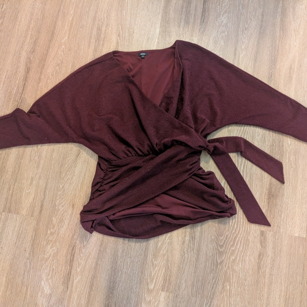 Express Deep Burgundy V-Neck Wrap Sweater